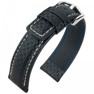 Hirsch Carbon Horlogebandje 100 m Water-Resistant Zwart met Wit Stiksel