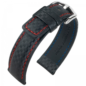 Hirsch Carbon Horlogebandje 100 m Water-Resistant Zwart met Rood Stiksel