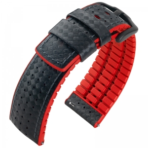 Hirsch Ayrton Performance Horlogeband Zwart Leer / Rood Rubber