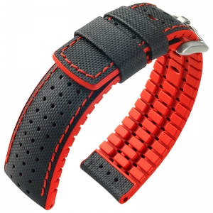 Hirsch Robby Performance Horlogeband Zwart Leer / Rood Rubber