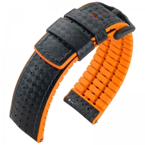 Hirsch Ayrton Performance Horlogeband Zwart Leer / Oranje Rubber