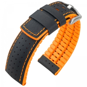 Hirsch Robby Performance Horlogeband Zwart Leer / Oranje Rubber