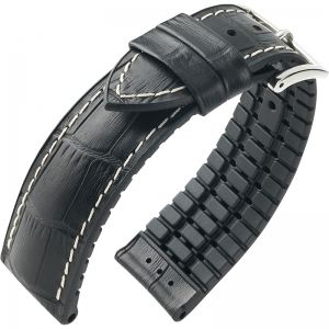 Hirsch George Performance Horlogeband Zwart Leer / Rubber Wit Stiksel