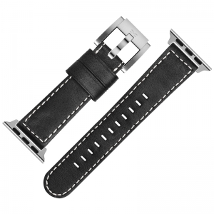 Horlogeband voor Apple Watch Zwart Leer Wit Stiksel 22mm