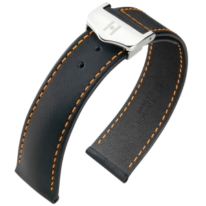 Hirsch Voyager Horlogeband voor Omega Vouwsluiting Italiaans Kalfsleer Zwart Oranje Stiksel
