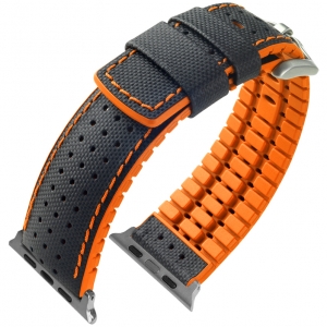 Apple Watch Horlogeband Hirsch Robby Zwart Leer Oranje Rubber