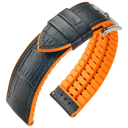 Andy Performance Horlogeband Zwart Leer / Oranje Rubber WR