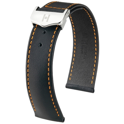 Hirsch Voyager Horlogeband voor Omega Vouwsluiting Italiaans Kalfsleer Zwart Oranje Stiksel