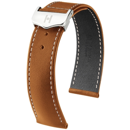 Hirsch Voyager Horlogeband voor Omega Vouwsluiting Italiaans Kalfsleer Goudbruin Wit Stiksel