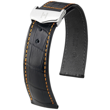 Hirsch Voyager Horlogeband voor Omega Vouwsluiting Louisiana Alligator Zwart Oranje Stiksel