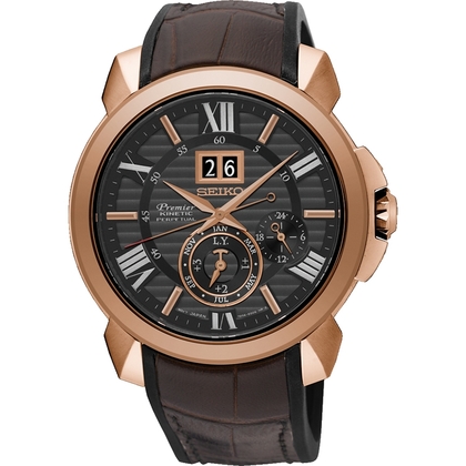 Seiko Premier Horlogeband SNP146P1 Zwart Rubber Bruin Leer