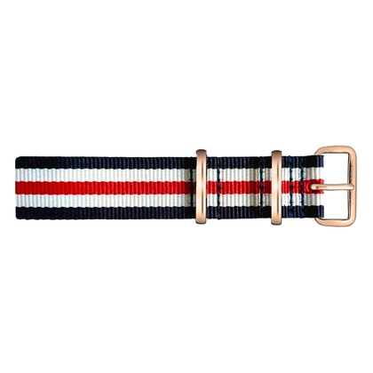 Paul Hewitt NATO Horlogeband Marineblauw Wit Rood met Rosegouden Gesp 20mm