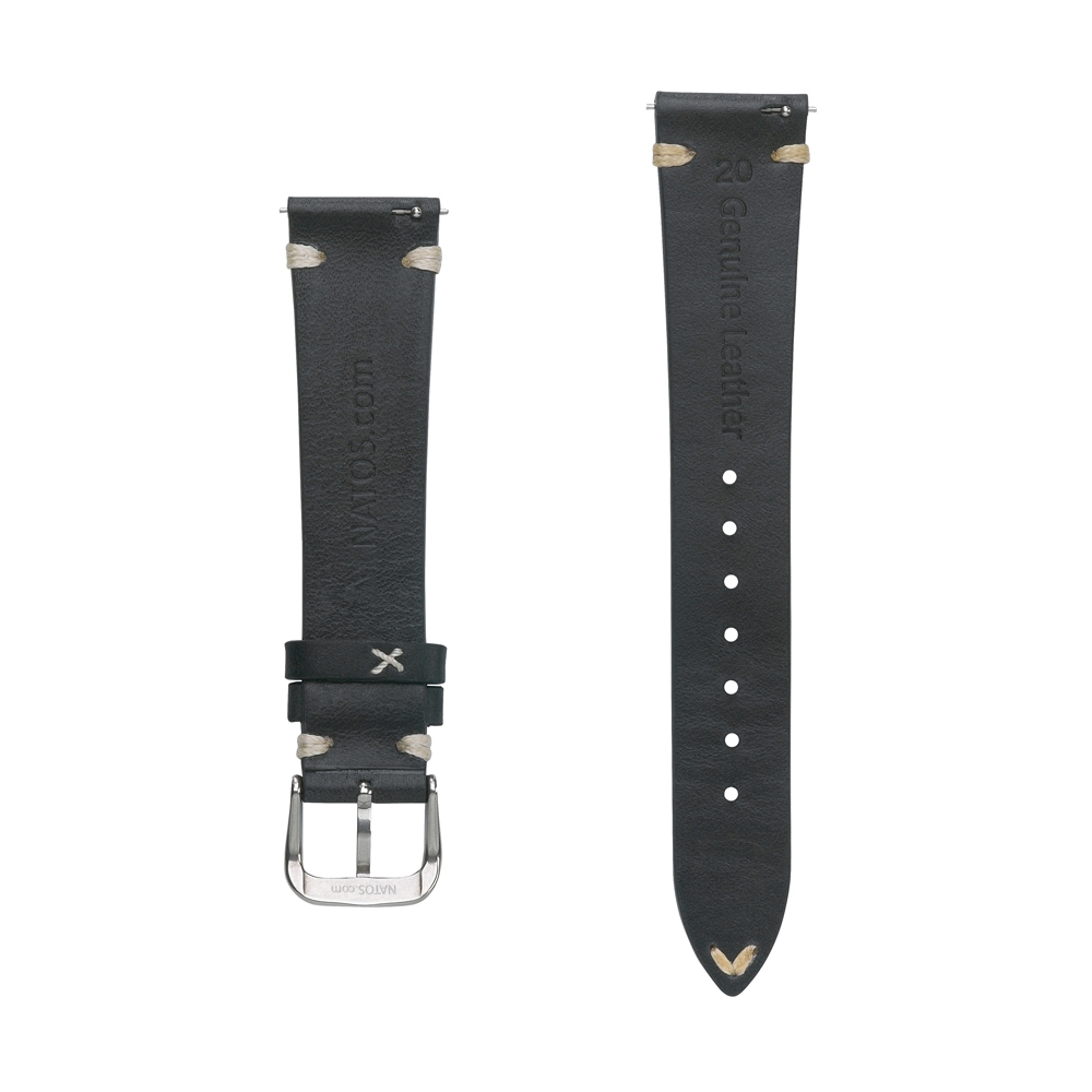 Oily Leather Vintage Lederen V-Stitch Horlogebandje Zwart