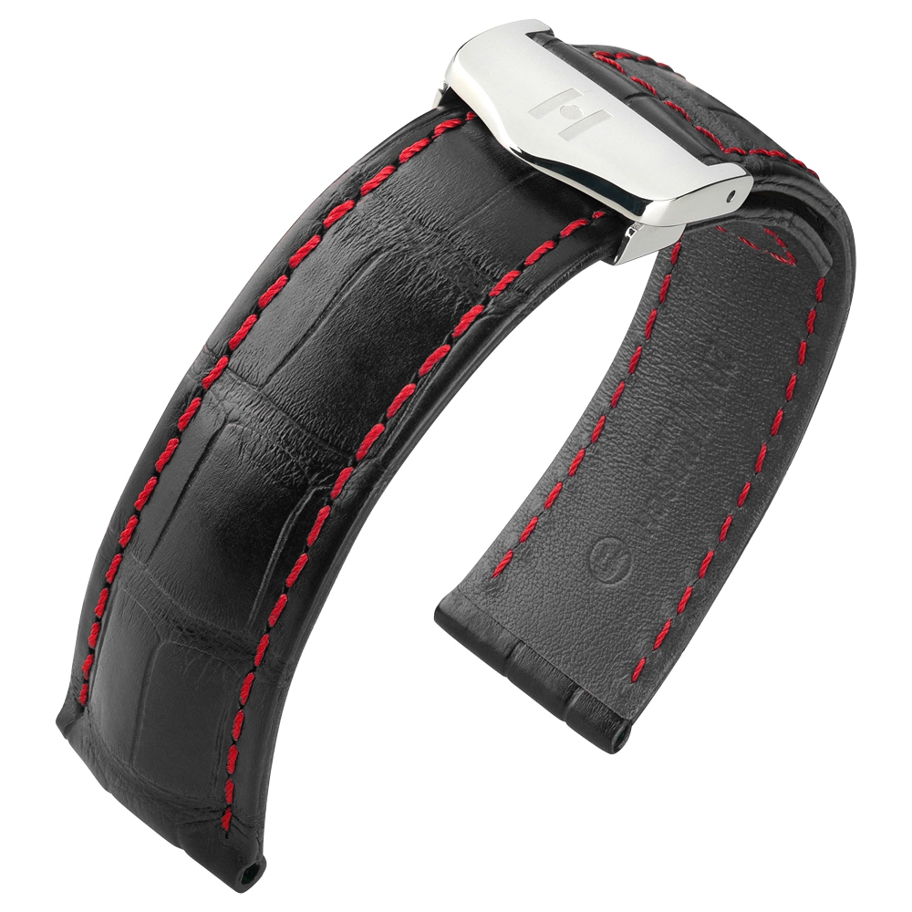 Horlogeband voor TAG Heuer Vouwsluiting - Hirsch Speed Louisiana Alligator Zwart met Rood Stiksel