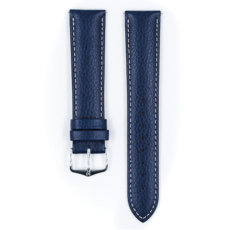 Hirsch Kansas Horlogebandje Buffelgrain Blauw Wit Stiksel