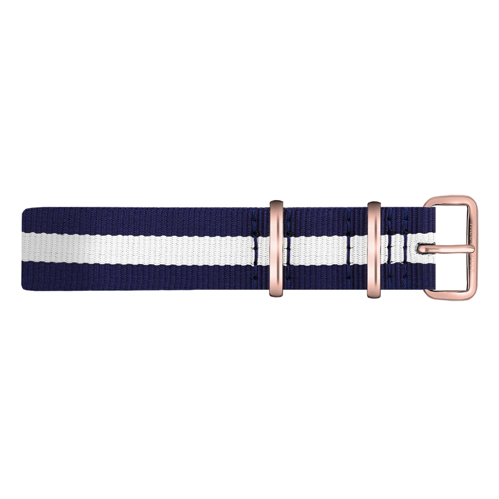 Paul Hewitt NATO Horlogeband Marineblauw Wit met Rosegouden Gesp 20mm