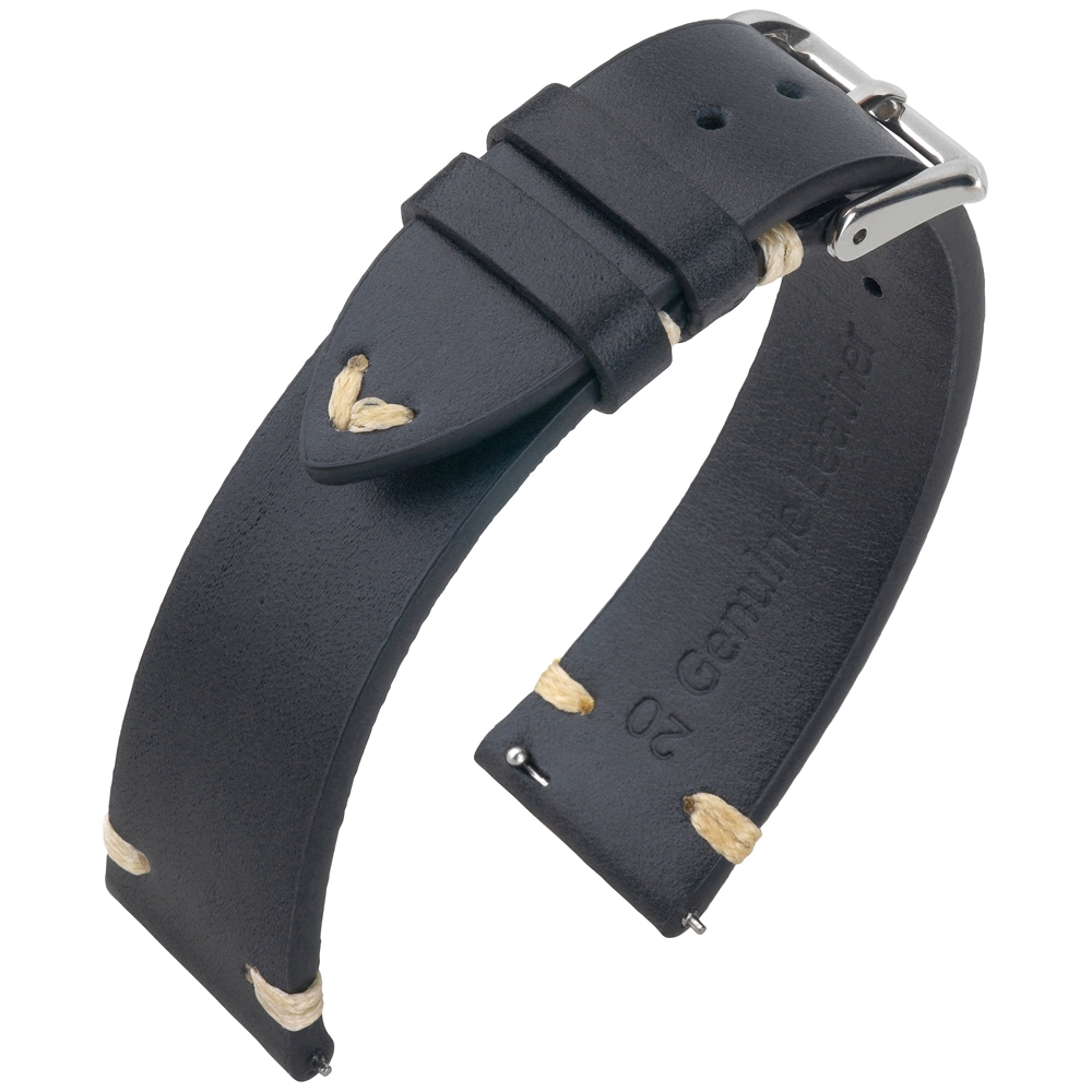 Oily Leather Vintage Lederen V-Stitch Horlogebandje Zwart