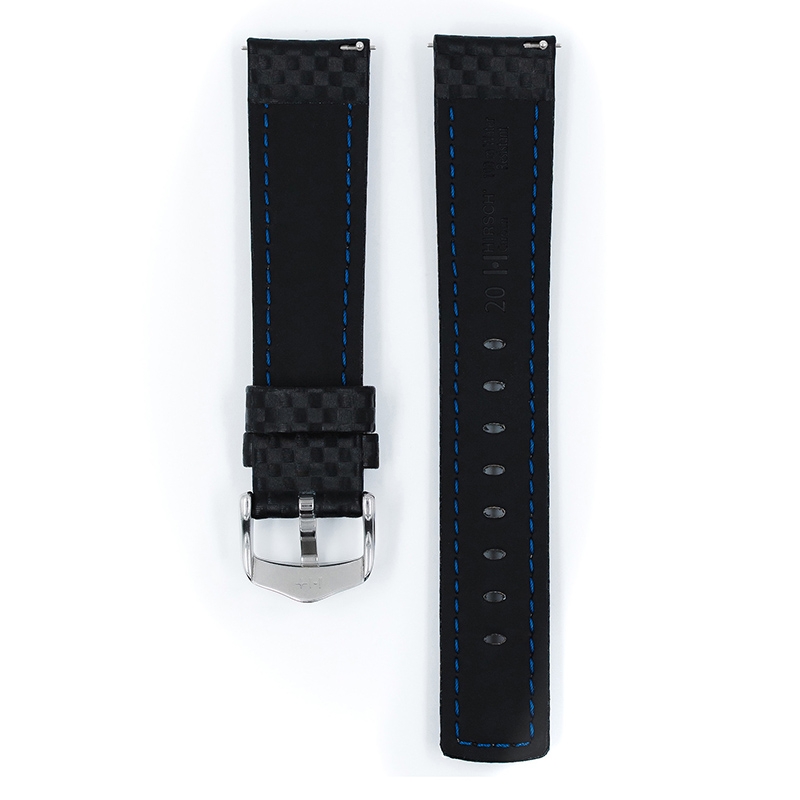 Hirsch Carbon Horlogebandje 100 m Water-Resistant Zwart met Wit Stiksel