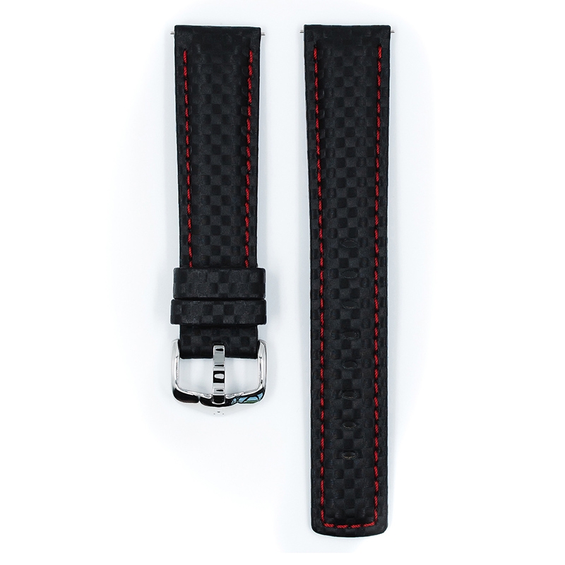 Hirsch Carbon Horlogebandje 100 m Water-Resistant Zwart met Rood Stiksel